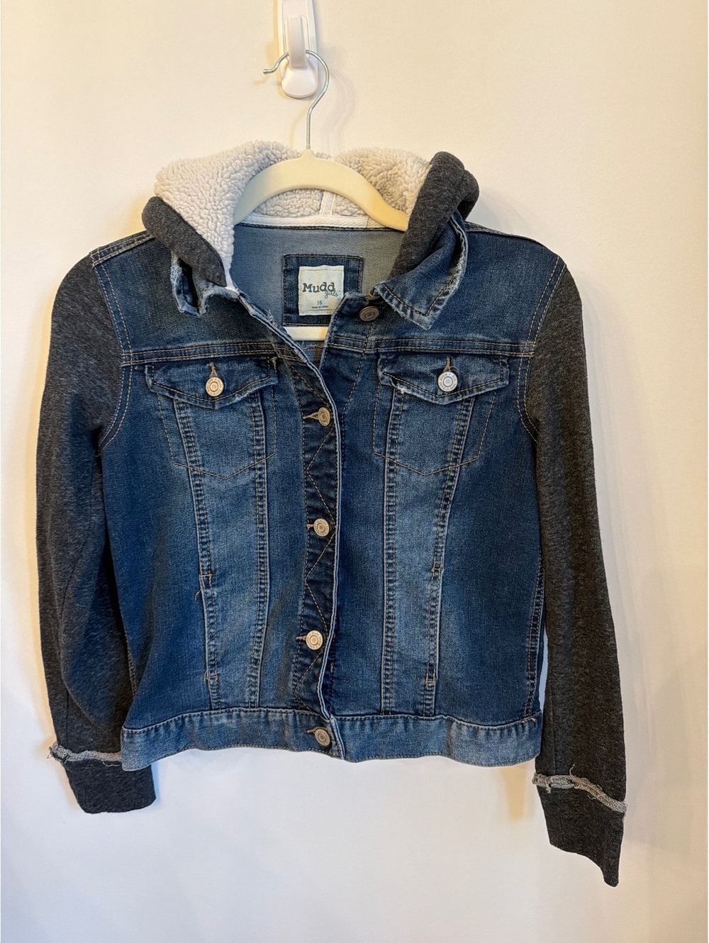 Mudd Girls Denim Jacket Sherpa Lined Hood Size 16 Cozy Layer Y2K 90s